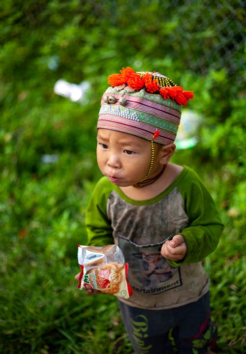 孩子站在绿色的原野时吃薯条