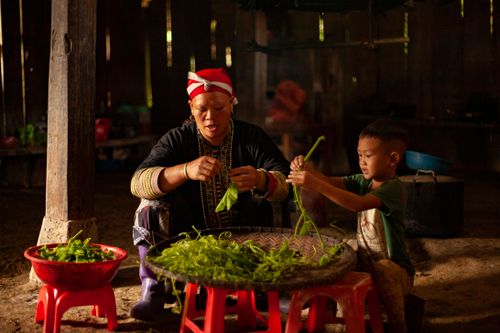 Free A mother and child prepare fresh vegetables together in a rustic indoor setting. Stock Photo