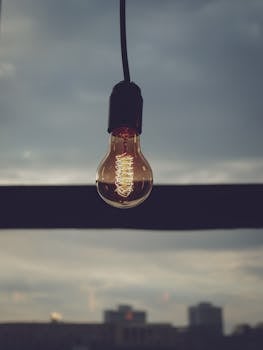 A glowing light bulb hangs outdoors against a cloudy dusk sky, symbolizing energy.
