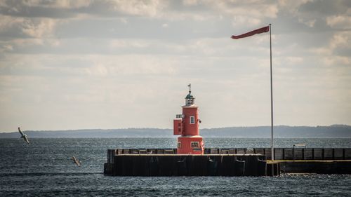 Free A scenic view of a lighthouse with seagulls flying over the sea in Helsingør, Denmark. Stock Photo
