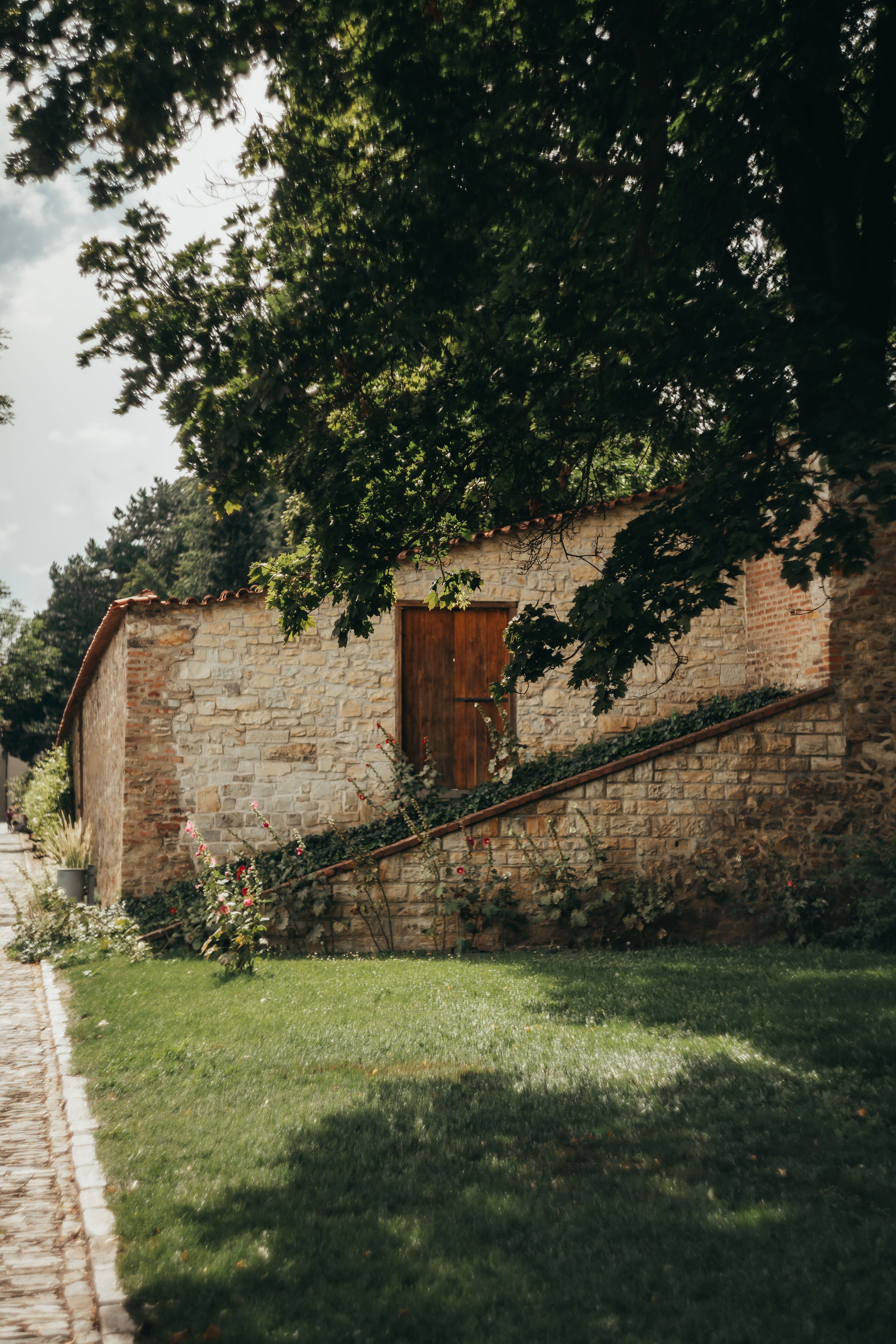 A rustic stone wall and brown wooden door surrounded by greenery in Prague.