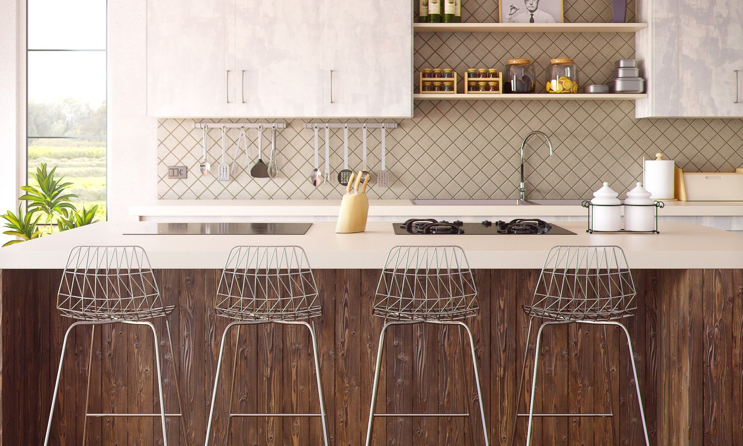 Encimera de cocina con taburetes altos en un ambiente minimalista