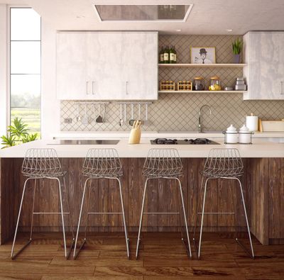 Kitchen island with a reclaimed-wood-plank base, diamond-pattern tile backsplash, open styled shelving and wire-frame bar stools