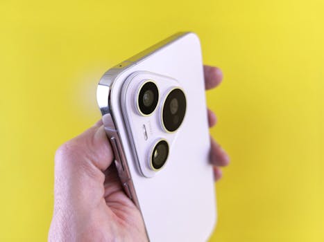 A close-up shot of a modern smartphone camera lens held against a bright yellow backdrop.