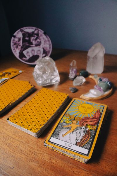 Tarot deck spread on table