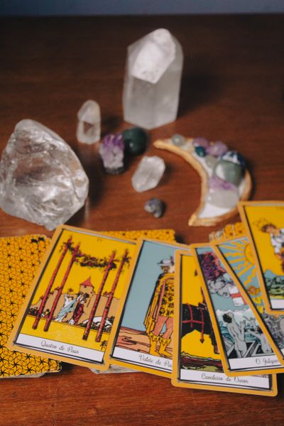 Altar cloth with tarot and crystals