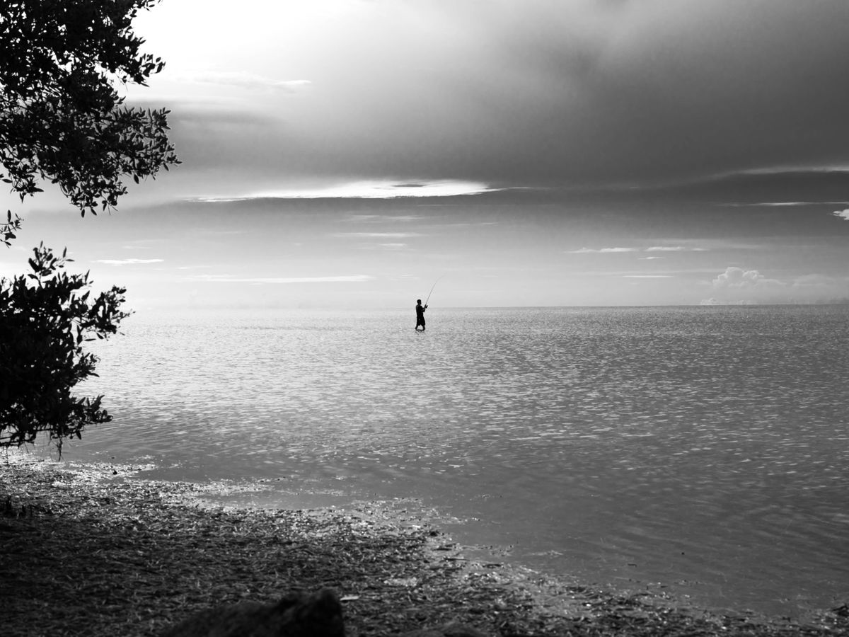 An angler standing in calm shallow coastal water with a rod