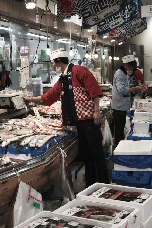 Free Fishmongers in a vibrant Tokyo market showcasing fresh seafood and local culture. Stock Photo