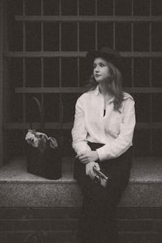 Elegant woman in vintage attire sitting with a fedora hat.