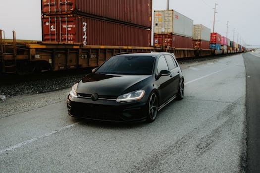 A sleek black car parked on an empty road beside a long freight train. Urban scene with industrial freight containers.