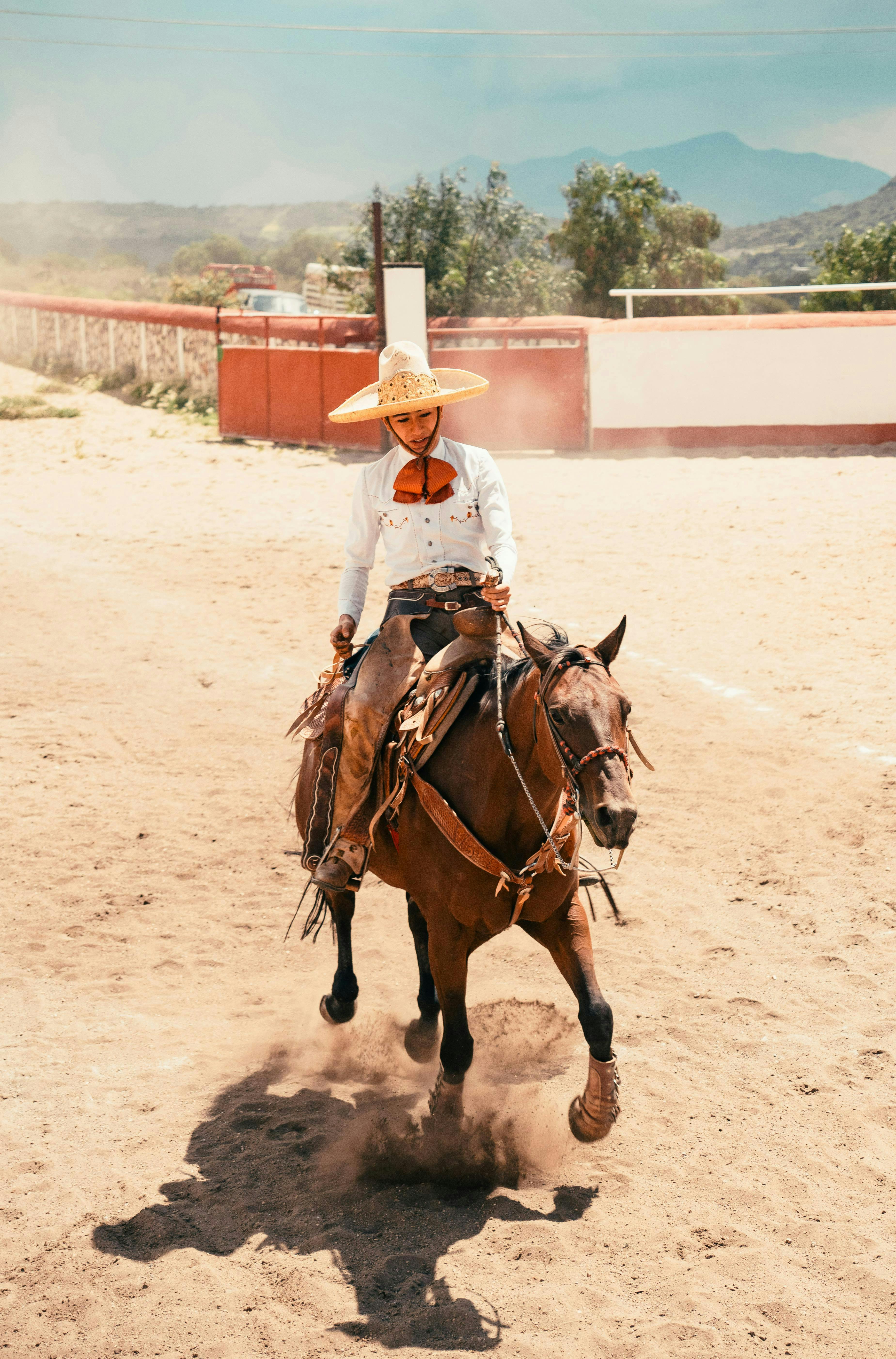 A cowboy skillfully rides a horse in a dusty rodeo arena, showcasing traditional equestrian sports.