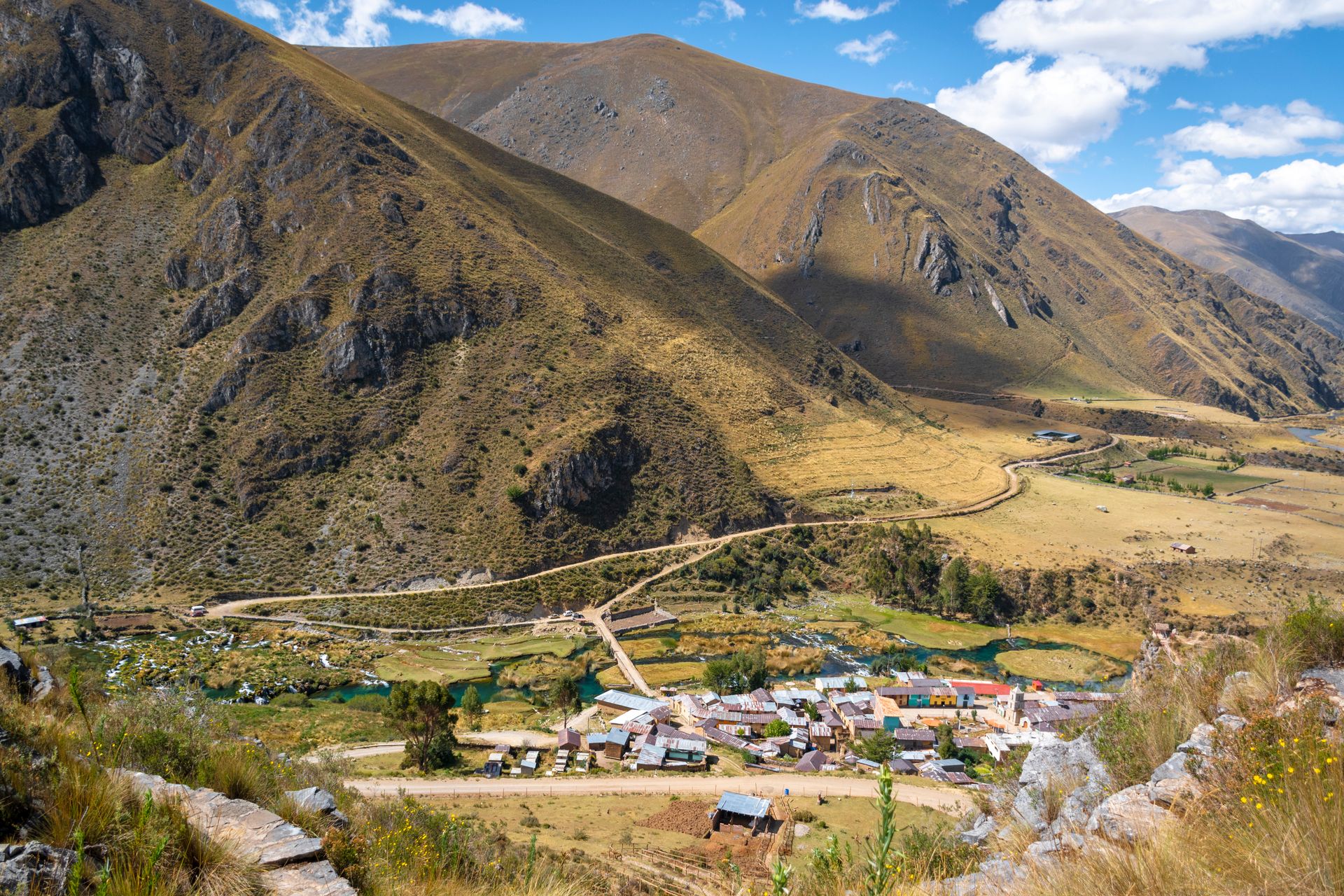Picturesque Andean village nestled in a mountainous landscape under a clear blue sky.