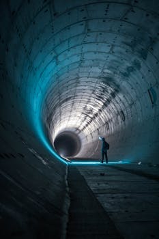 A person explores a dark, industrial tunnel illuminated with futuristic blue lighting, creating a mysterious atmosphere.