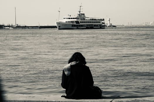 A person sits by the water watching a ferry in a calm harbor.