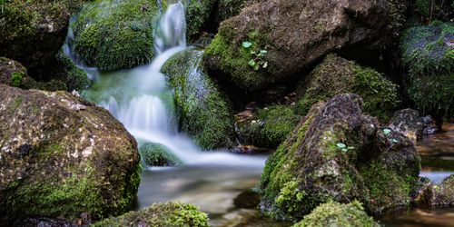 Free A tranquil scene of water cascading over mossy rocks in a lush outdoor setting. Stock Photo