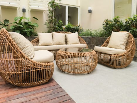 Outdoor seating with rattan furniture set in a lush garden patio, ideal for relaxation and gatherings.