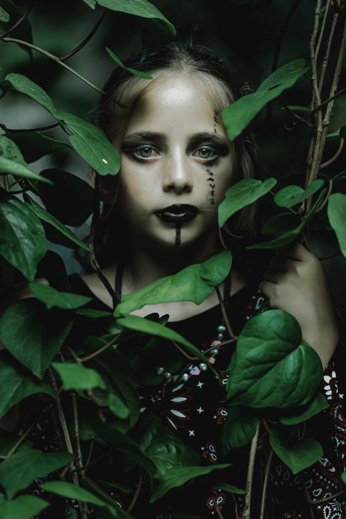 Free Captivating artistic portrait of a young girl with dark makeup surrounded by ivy, embodying a mystical nymph theme. Stock Photo