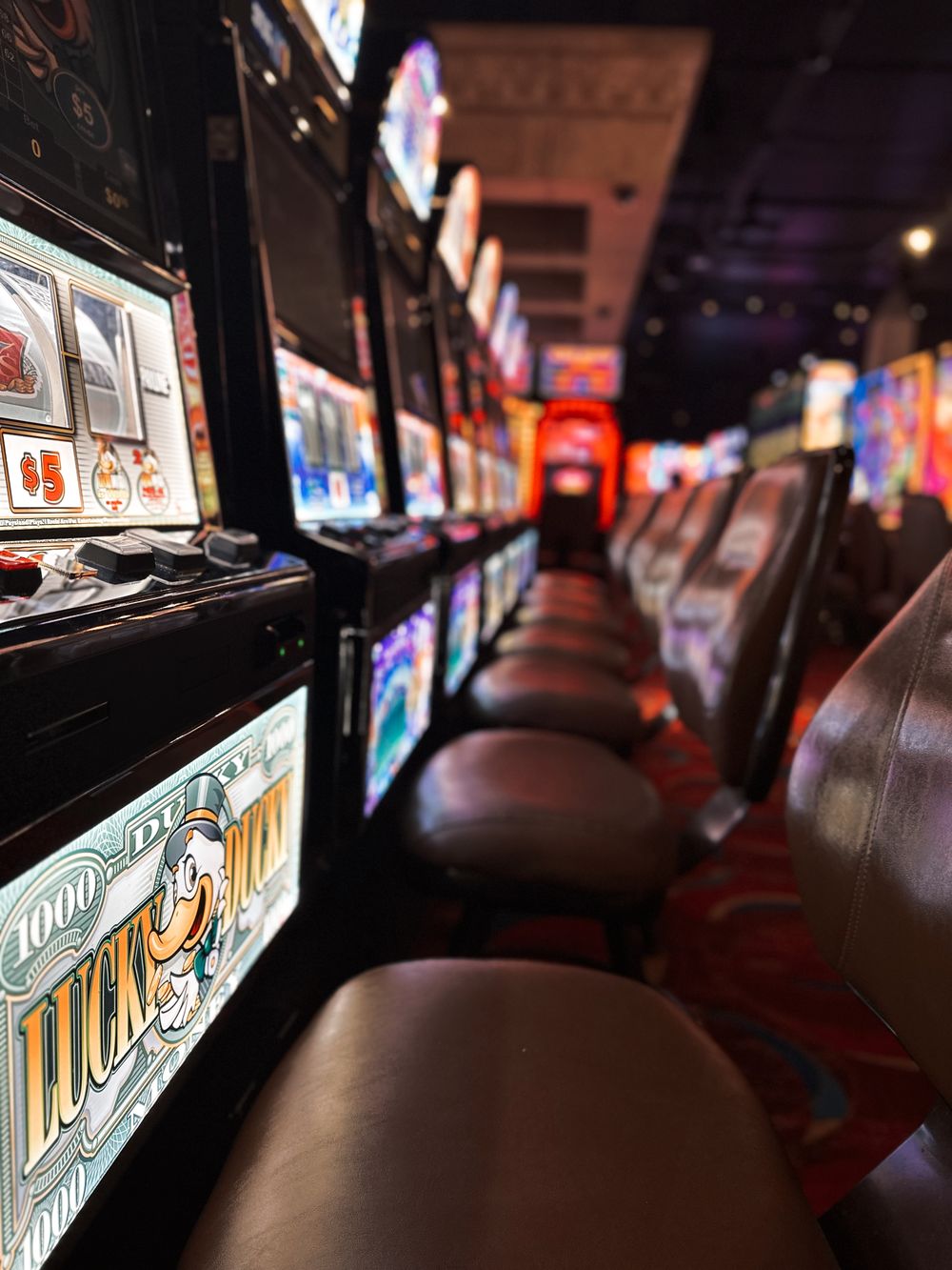 Row of casino slot machines glowing at night creating a lively gaming atmosphere