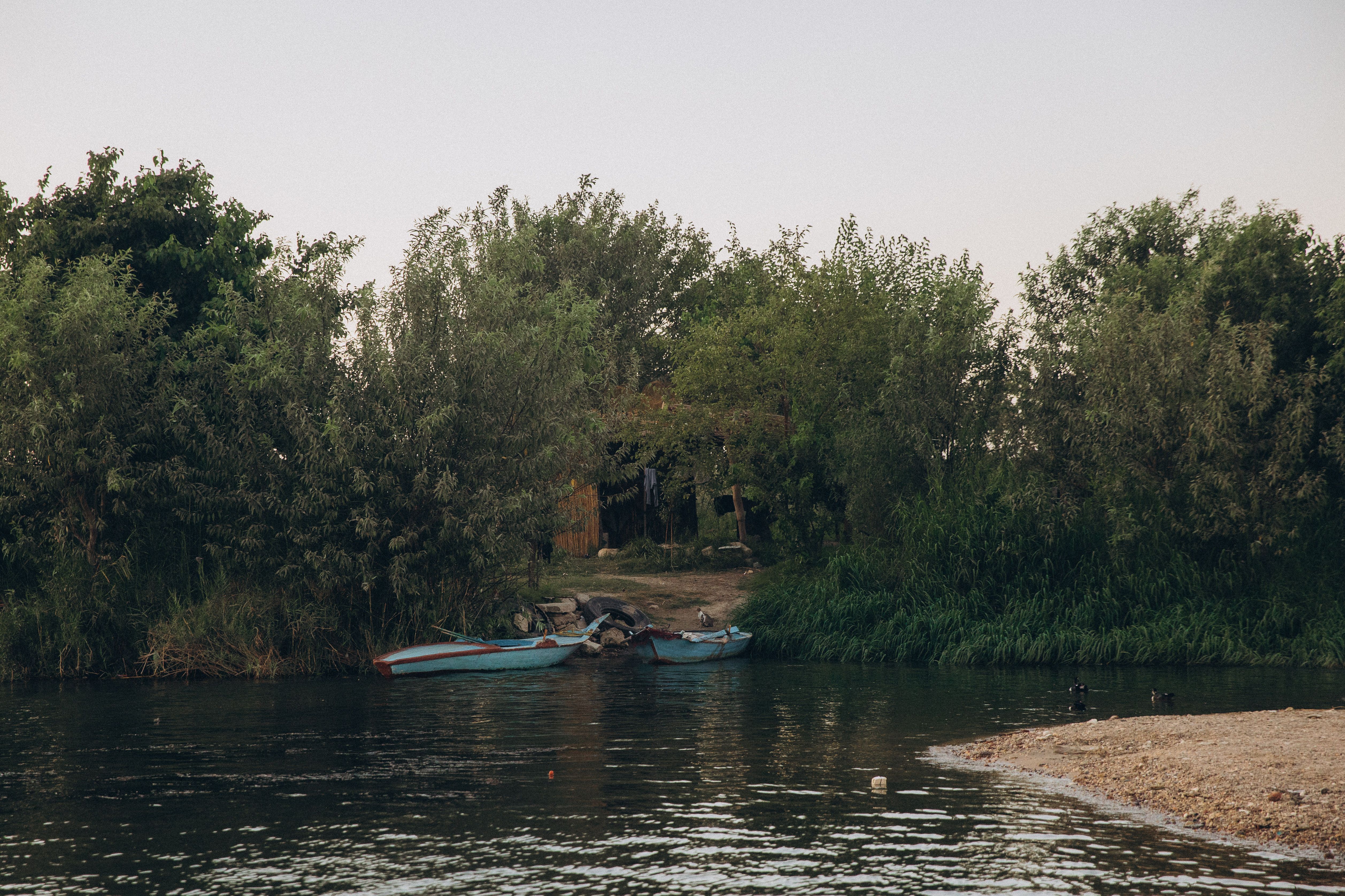 Tranquil river scene at Al Qanatir, Egypt with lush greenery and small boats.