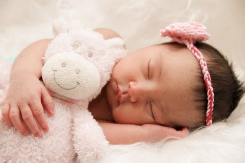 免費 嬰兒和動物毛絨玩具一起睡覺 圖庫相片