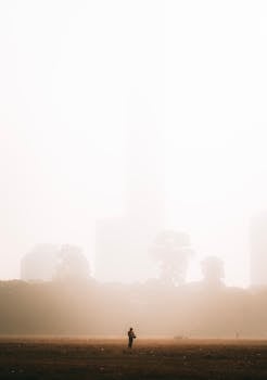 A lone figure stands in a foggy urban park, creating a serene and mystical atmosphere.