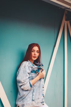 一位穿着牛仔夹克的红发年轻时尚女子，在户外倚靠着鲜艳的蓝色墙壁摆姿势