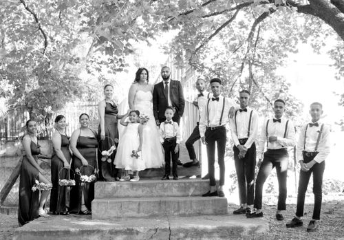 Free Black and white portrait of a wedding party posing outdoors under trees. Stock Photo