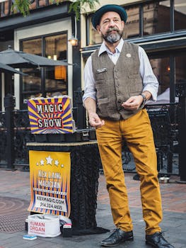 老魔术师在城市街道上表演复古风格的魔术