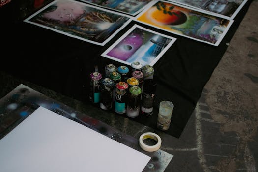 Spray cans and vibrant artworks laid on a canvas, showcasing street art creativity.