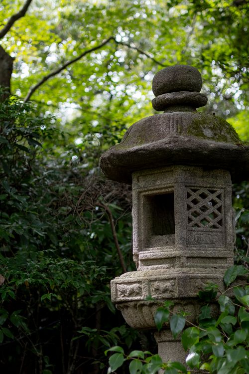 Free A traditional Japanese stone lantern surrounded by lush greenery in a serene garden setting. Stock Photo