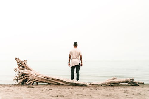 Back view Photo of Man Standing Beside Body of Water