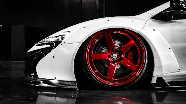 Dynamic shot of a white sports car showcasing its striking red rim, exuding speed and elegance.