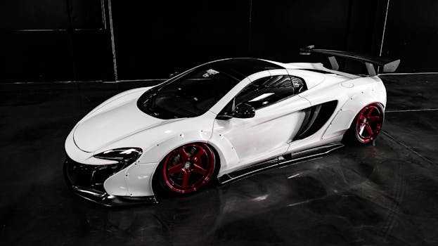 Sleek white sports car with red accents parked indoors, showcasing modern design.