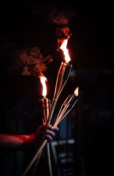 A group of flaming torches held aloft, illuminating the night with warm light and dancing smoke.