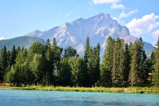 Explore a tranquil mountain landscape with evergreens and a serene lake in summer.