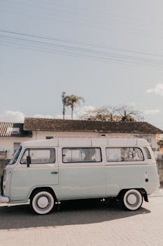 A retro Volkswagen camper van perfectly parked under a clear blue sky on a sunny day.