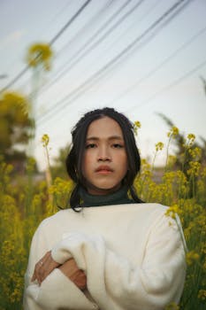 Captivating portrait of a young woman in a scenic mustard field during the golden hour, showcasing nature and beauty.