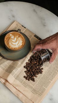 A cappuccino in a ceramic cup and coffee beans on a newspaper, creating a cozy coffee break scene.