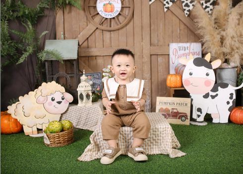 Cute baby boy in pumpkin patch with farm-themed decorations, smiling for the camera.
