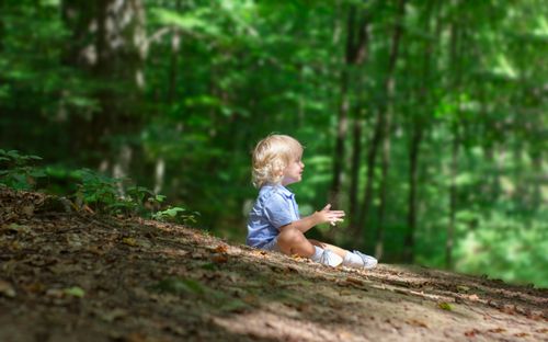 Free Blond toddler sitting happily in a sunlit forest, surrounded by nature's greenery. Stock Photo