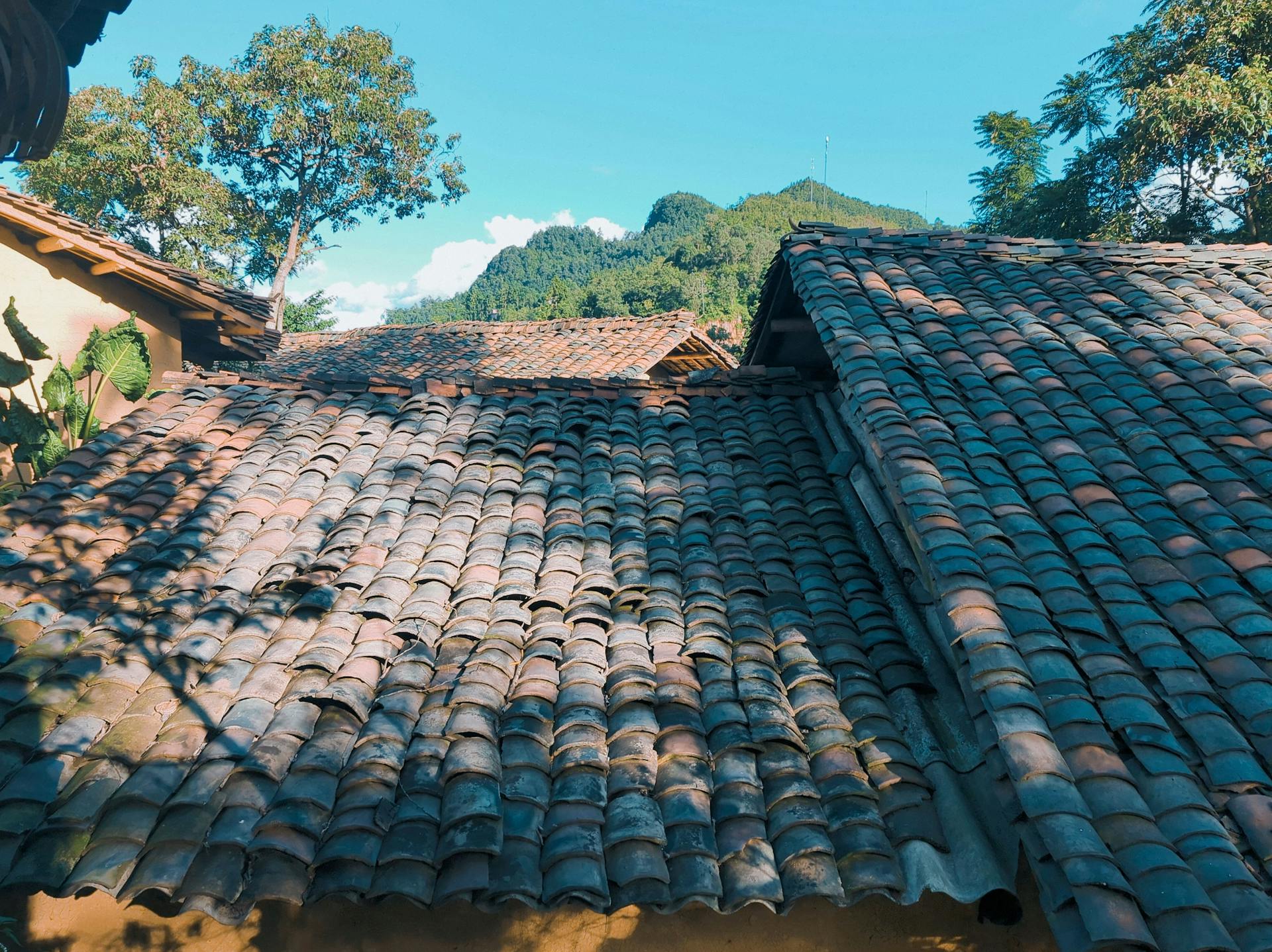 A roof with tiled tiles and a mountain in the background