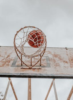 Rustic basketball hoop with ball swishing through, capturing the essence of outdoor sports activity.