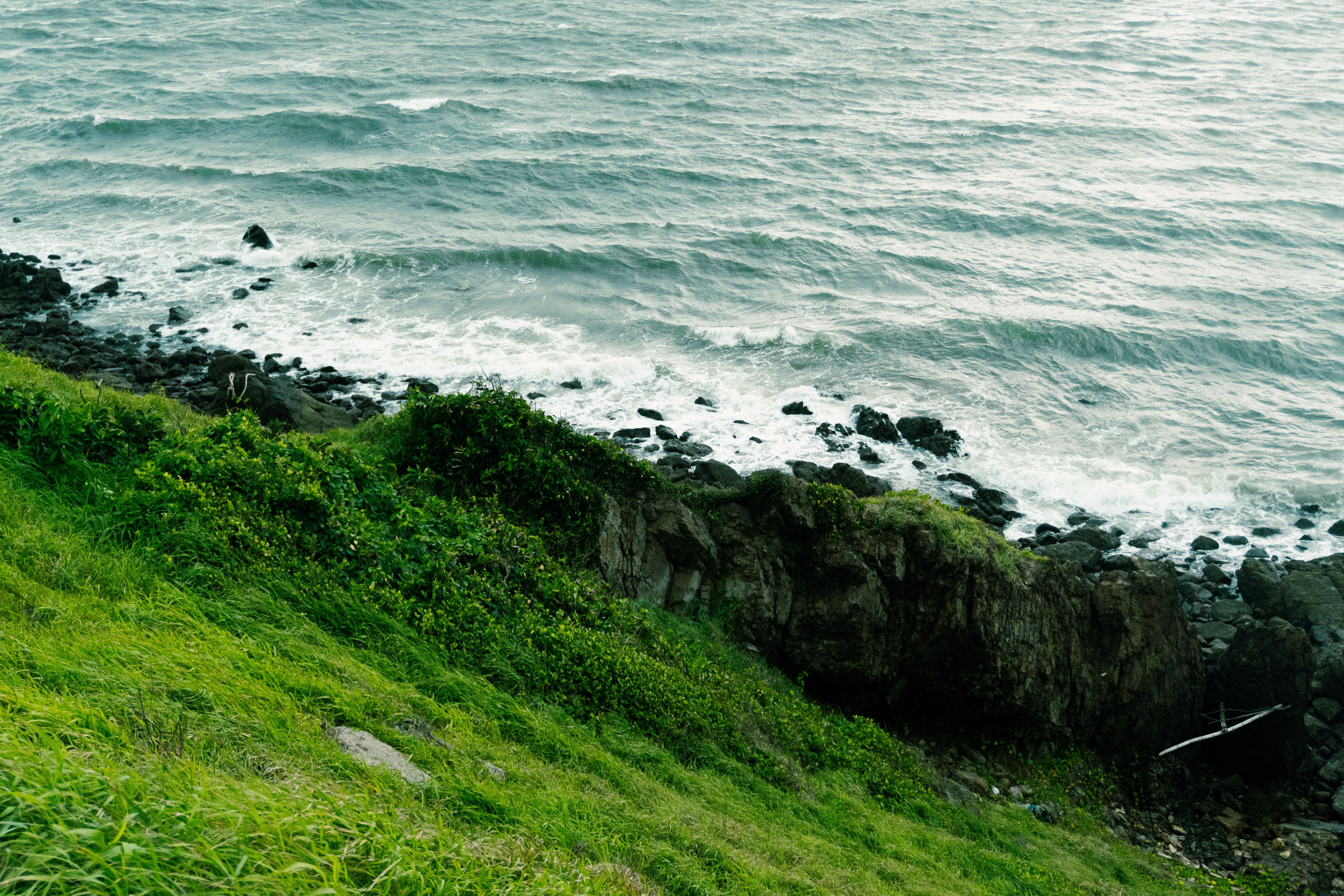 Lush green cliffside with ocean waves in Vũng Tàu, Vietnam. Perfect for travel and nature visuals.