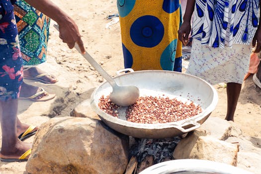 Local people cooking traditional food over an open fire in a rural outdoor setting.