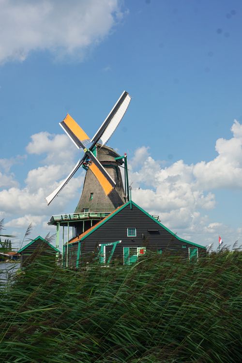 Free Picturesque windmill in Zaandam, the Netherlands, surrounded by lush greenery and a clear blue sky. Stock Photo