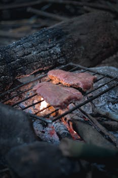 Steaks cooking on a rustic grill over an open flame outdoors, capturing the essence of wilderness grilling.