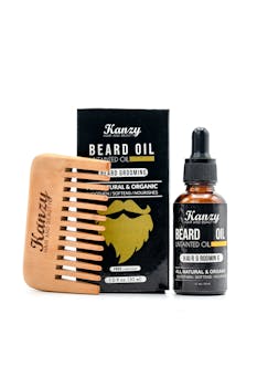 All-natural beard oil and wooden comb set for grooming and nourishing facial hair.