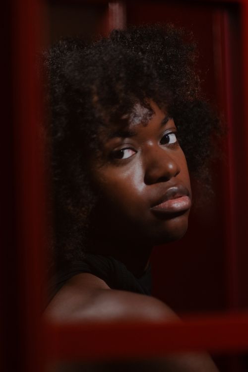 Free Artistic moody portrait of a woman with afro hairstyle in a dimly lit environment. Stock Photo