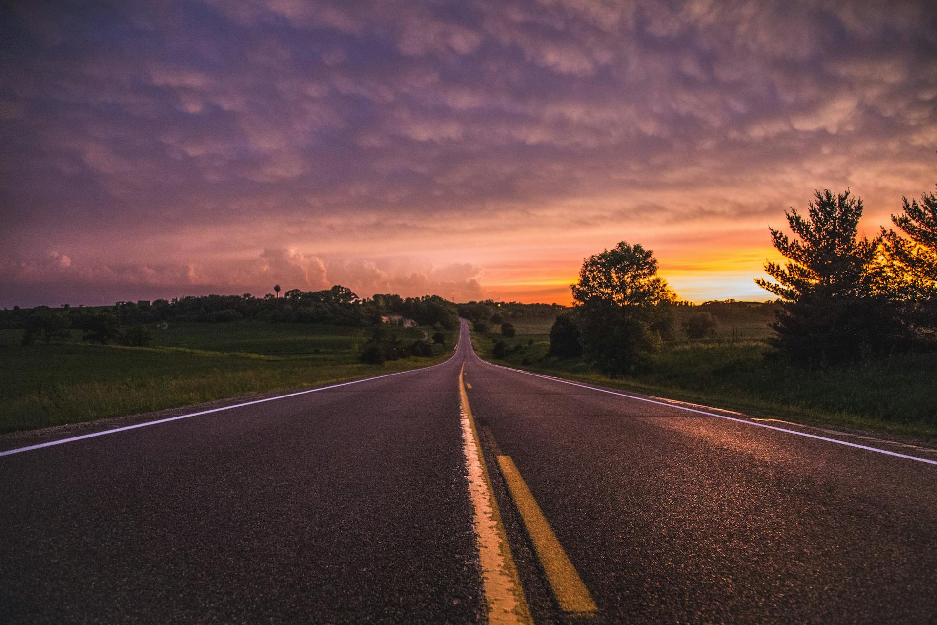 Picturesque view of an empty road stretching through rural Minnesota at sunset, framed by lush greenery.