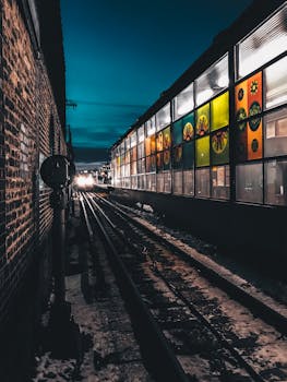 Capture of a Chicago train station at night, featuring colorful murals and an approaching train.